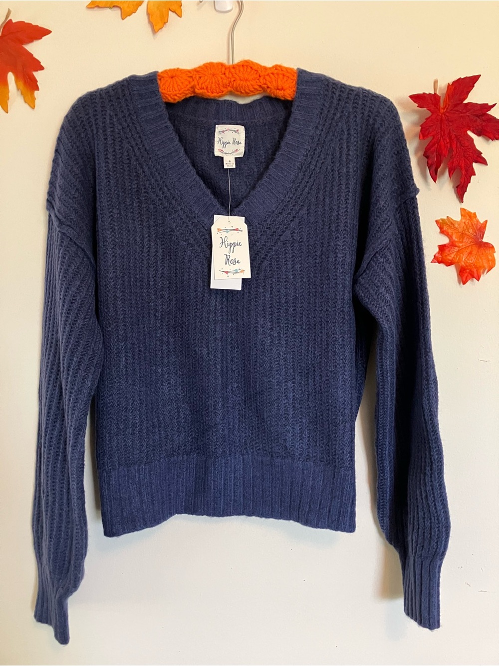 Hippie Rose Navy Ribbed V-Neck Sweater